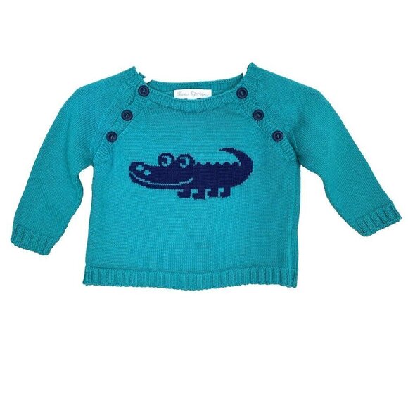 Fina Ejerique Crocodile Knit Pullover Sweater Teal Spain Baby Boys 3 Months - Picture 1 of 13